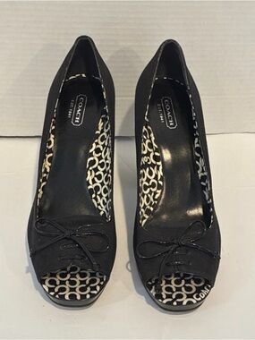 Coach Corrie Black Peep-Toe Block Heels with Signature Insole and Bow size 9 EUC